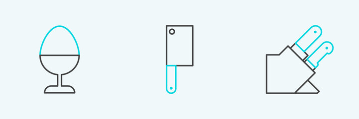 Set line Knife, Chicken egg on a stand and Meat chopper icon. Vector © Oksana