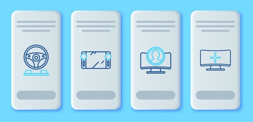 Set line Portable video game console, Create account screen, Racing simulator cockpit and Computer monitor icon. Vector © Oksana