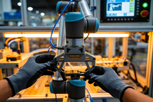 Gloved hands carefully adjust a robotic arm gripper in a modern factory setting