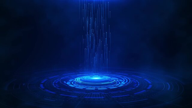 Blue hologram portal stage circular HUD platform, rising light lines, glowing particles, dark futuristic space. for AI reveals, product intros, tech presentations, sci fi scenes, and digital overlays.