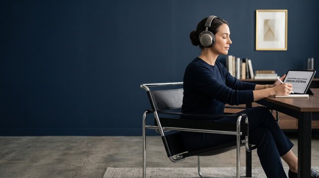 Focused woman in modern office, wearing noise-canceling headphones, working on a laptop with a tablet. Professional female concentrating on remote work