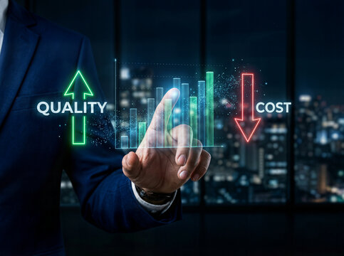 Business person hand pointing at holographic bar graph interface showcasing increase in quality metrics and decrease in operational costs against dark office city.
