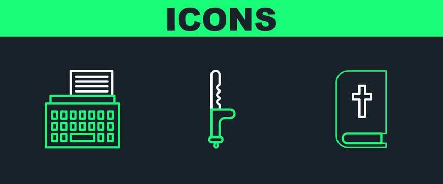 Set line Holy bible book, Retro typewriter and Police rubber baton icon. Vector