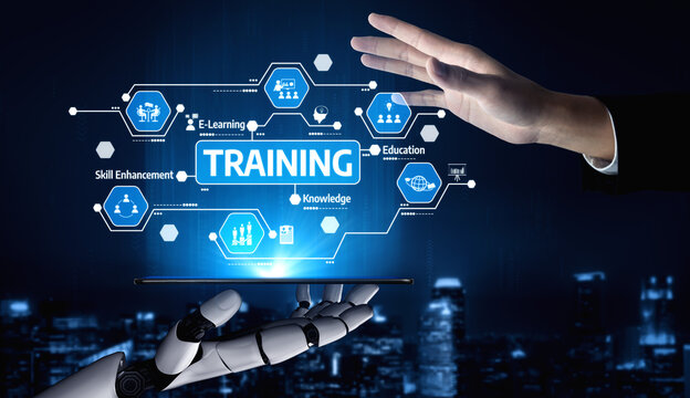 A futuristic representation of training and education using technology, featuring a robotic hand and human hand interacting within a digital interface, symbolizing knowledge exchange. Tessel
