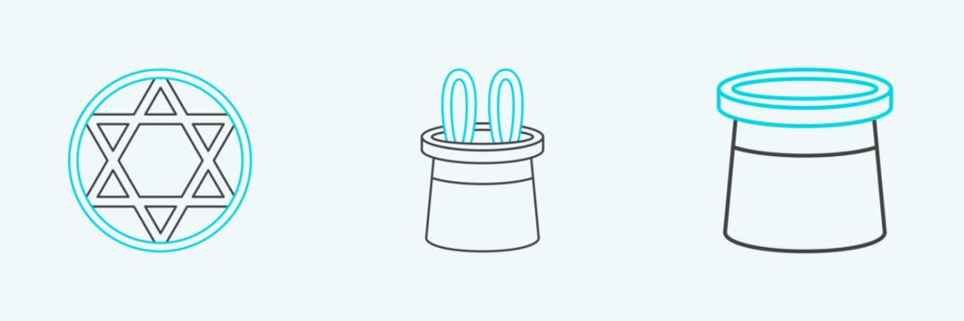 Set line Magician hat, Star of David and and rabbit ears icon. Vector