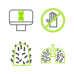 Fototapeta premium Set line Virus cells in lung, Rabies virus, No handshake and DNA spiral computer icon. Vector