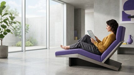 Obraz premium Modern woman relaxing on a stylish purple chaise lounge, using a digital tablet in a bright, minimalist living space. Contemporary interior design, comfortable home leisure