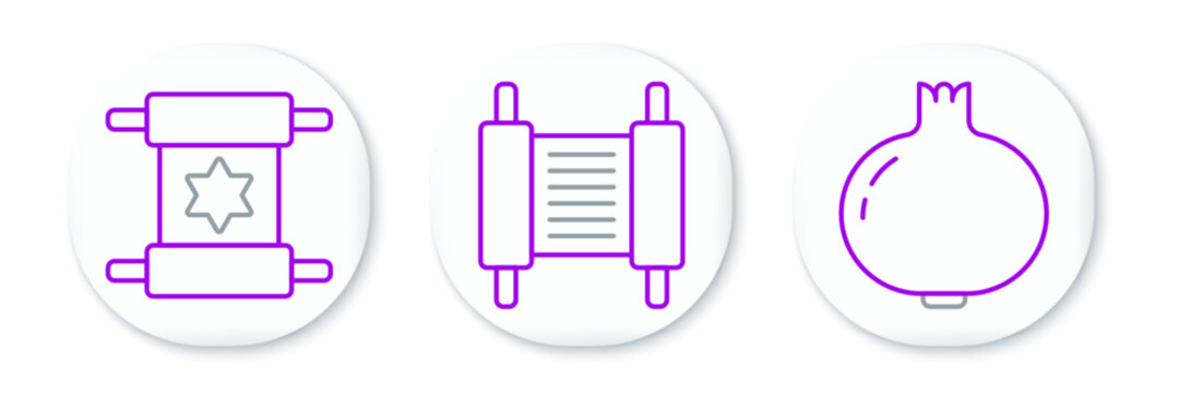 Set line Pomegranate, Torah scroll and icon. Vector