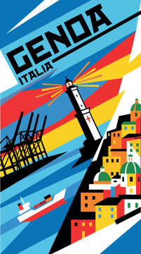 A flat vector travel poster of Genoa, Italy, featuring the iconic Lanterna lighthouse, harbor cranes, colorful coastal architecture, and a ship in a constructivist geometric style.