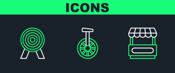 Set line Fast street food cart, Target and Unicycle or one wheel bicycle icon. Vector © Oksana