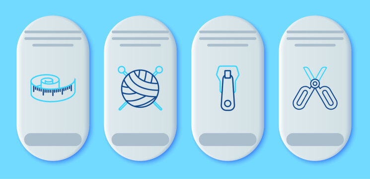 Set line Yarn ball with knitting needles, Zipper, Tape measure and Scissors icon. Vector