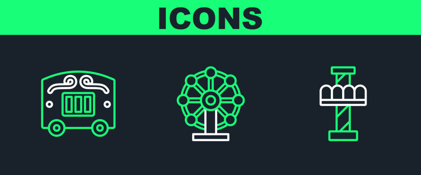 Set line Attraction carousel, Circus wagon and Ferris wheel icon. Vector