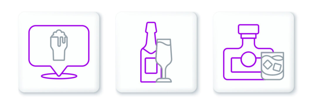 Set line Whiskey bottle and glass, Alcohol or beer bar location and Champagne icon. Vector