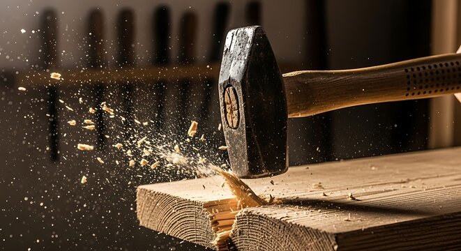 Hammer striking wood close up with flying splinters and sawdust