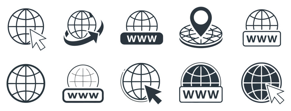 WWW web icon set, website navigation symbols, internet and global network icons, clean vector illustration isolated on transparent background for mobile apps, websites, and digital communication inter