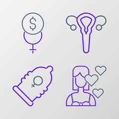Fototapeta premium Set line Love yourself, Condom, Female reproductive system and Feminism finance icon. Vector