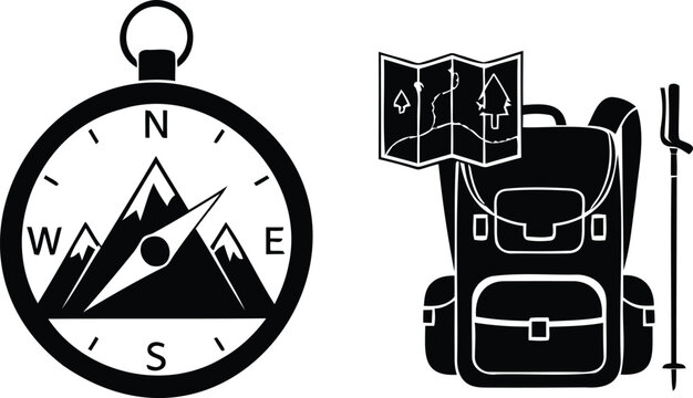 Hiking and camping equipment silhouette vector illustration set.