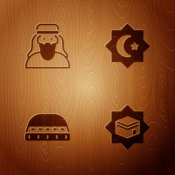 Set Kaaba mosque, Muslim man, hat for prayer and Octagonal star on wooden background. Vector