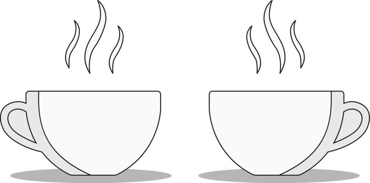 Minimalist coffee cup outline vector illustration with steam, pair of tea cups line art for cafe logo and breakfast menu design