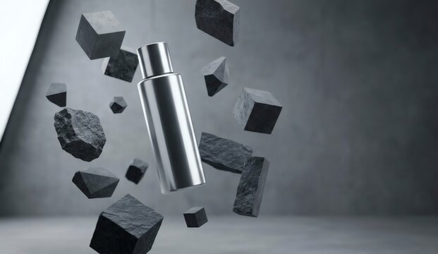 Blank silver cylinder bottle mockup levitating with floating stone blocks