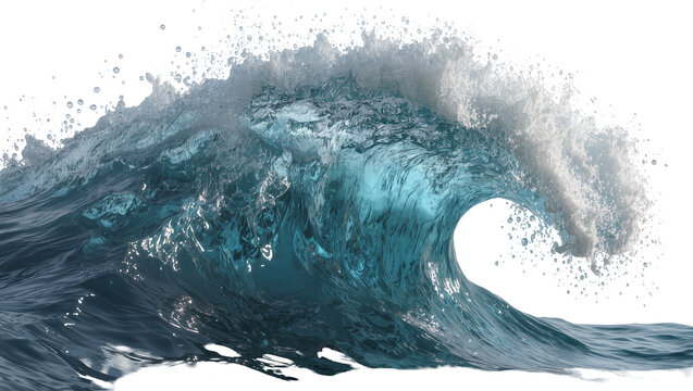 Powerful blue ocean wave cresting with white foam, isolated on transparent background