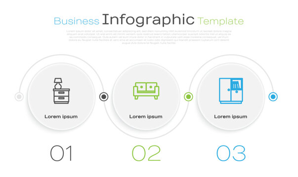 Set line Furniture nightstand with lamp, Sofa and Wardrobe. Business infographic template. Vector