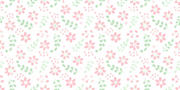 Floral pattern with pink flowers and green leaves on white background