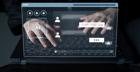 Fototapeta premium A user interface of a conversational AI platform. A user interacts with an intelligent chatbot by typing prompts to receive support and information from the digital brain. Fermion