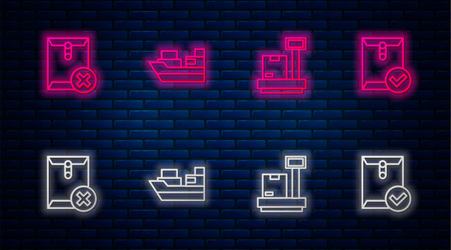 Set line Cargo ship with boxes delivery, Scale cardboard, Delete envelope and Envelope and check mark. Glowing neon icon on brick wall. Vector