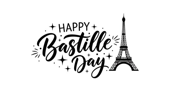 Happy bastille day illustration with eiffel tower and calligraphic text