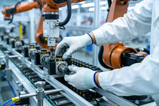 Technician wearing gloves works on an automated assembly line with robotic arms