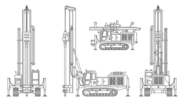 Drilling rig technical drawing blueprint with front side back and top views CAD line art vector illustration