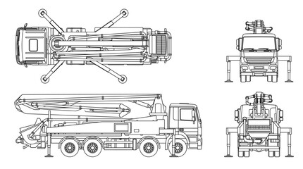 Obraz premium Concrete pump truck technical drawing blueprint with front side back and top views CAD line art vector illustration