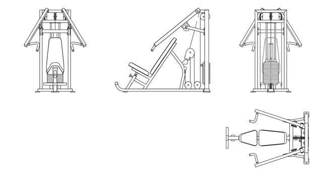 Decline chest press technical drawing blueprint with front side back and top views CAD line art vector illustration