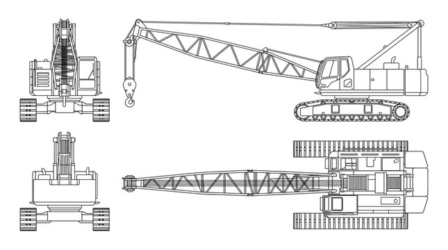 Crawler crane technical drawing blueprint with front side back and top views CAD line art vector illustration
