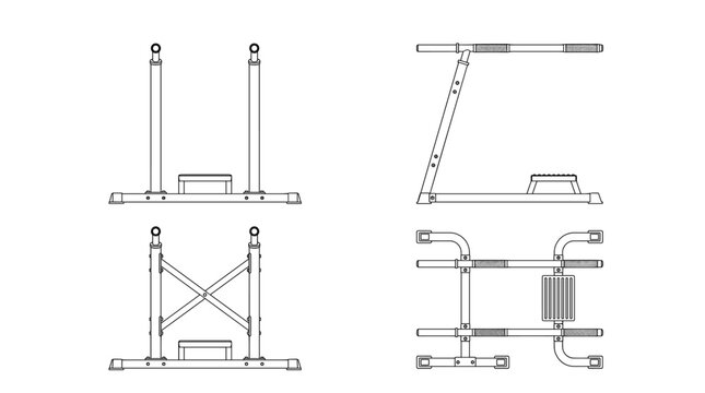 Dip station technical drawing blueprint with front side back and top views CAD line art vector illustration