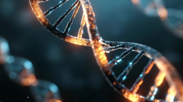 Close up of illuminated DNA strands with vibrant lights, symbolizing advanced genetics and molecular biology research. Perfect for illustrating breakthroughs in medical science and bioinformatics