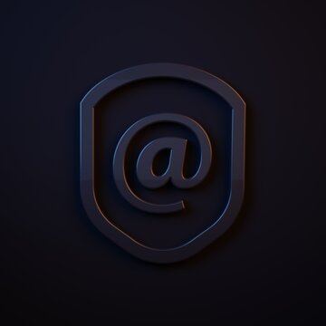 Dark-blue Shield with mail and e-mail icon isolated on black background. Guard sign. Security, safety, protection, privacy concept. Minimalism concept. 3D render illustration