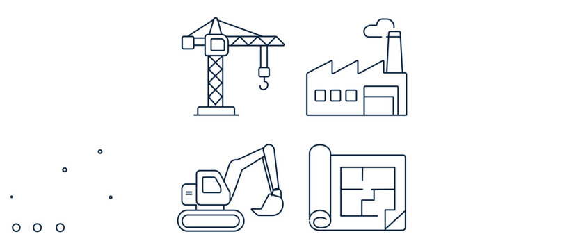 Industrial capital expenditure planning vector icon set featuring construction crane, factory, machinery, and blueprints. Versatile collection of 4 icons with editable stroke for infrastructure.