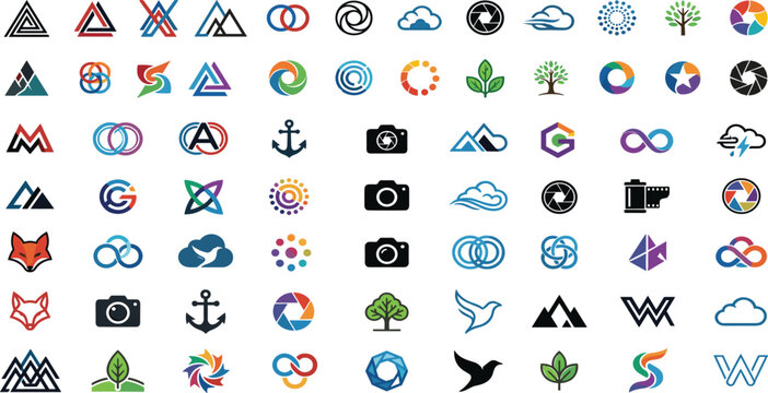 Creative Logo Icon Set with Geometric Shapes, Nature, Photography, and Technology Elements, Abstract Design Concepts for Branding and Corporate IdentityCreative Logo Icon Set with Geometric Shapes, Na