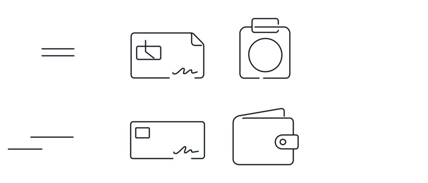 Specialized collection of 4 icons for wage garnishment processing with editable stroke featuring a paper paycheck punch clock bank check and leather wallet in a high quality vector icon set bundle.