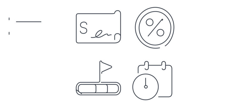 Sales commission tracking collection of 4 icons including bonus check paper, percent symbol, money coin, quota progress bar, and payout schedule clock for financial performance monitoring.