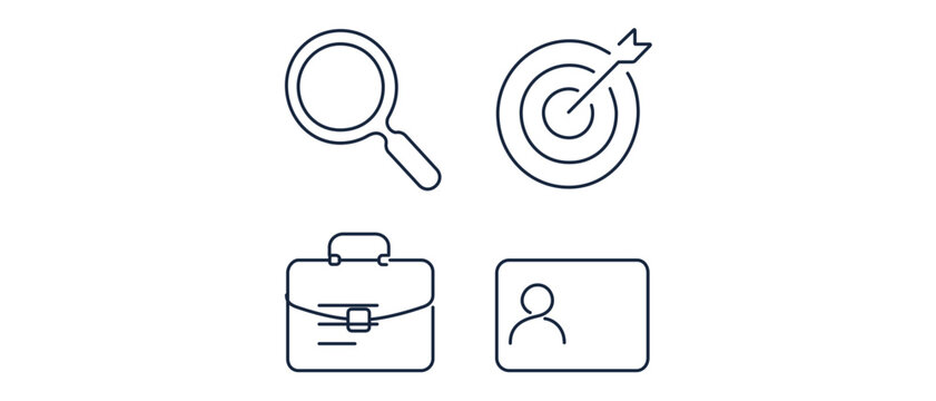 Corporate B2B prospecting vector icon set with editable stroke. Professional collection of 4 icons including bullseye targeting, magnifying glass analysis, business cards, and sales briefcases.
