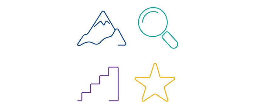 Professional organic search engine ranking collection of 4 icons including mountain peak, magnifying glass, step ladder, and gold star with editable stroke; vector icon set for digital marketing.