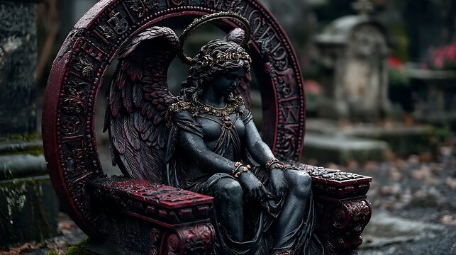 Gothic Angel Sitting on Ornate Stone Throne high resolution picture
