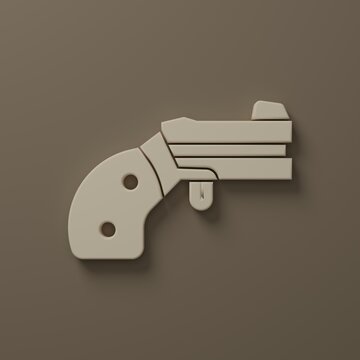 Beige Small gun revolver icon isolated on brown background. Pocket pistol for self-defense. Ladies revolver. Spy Weapon. Minimalism concept. 3D render illustration