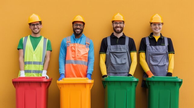 A diverse group of people wearing hard hats and work attire stands with red orange and green recycling bins ready for waste management and environmental cleanup efforts