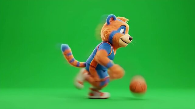 A cartoon mascot character is captured mid-motion, dribbling energetically across a vibrant green background.