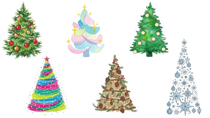 Obraz premium Collection of six diverse stylized christmas trees with decorations