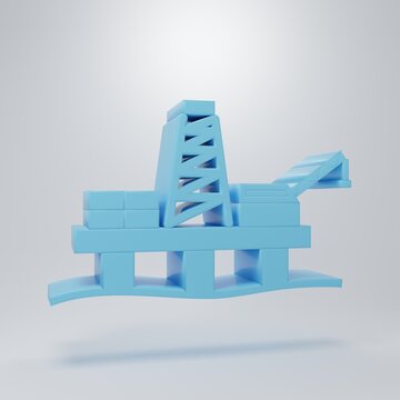 Blue Oil platform in the sea icon isolated on grey background. Drilling rig at sea. Oil platform, gas fuel, industry offshore. Minimalism concept. 3D render illustration
